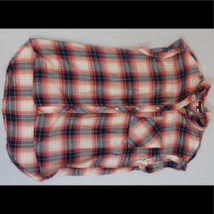 Sleeves Pink and Blue Plaid Button Down Flannel